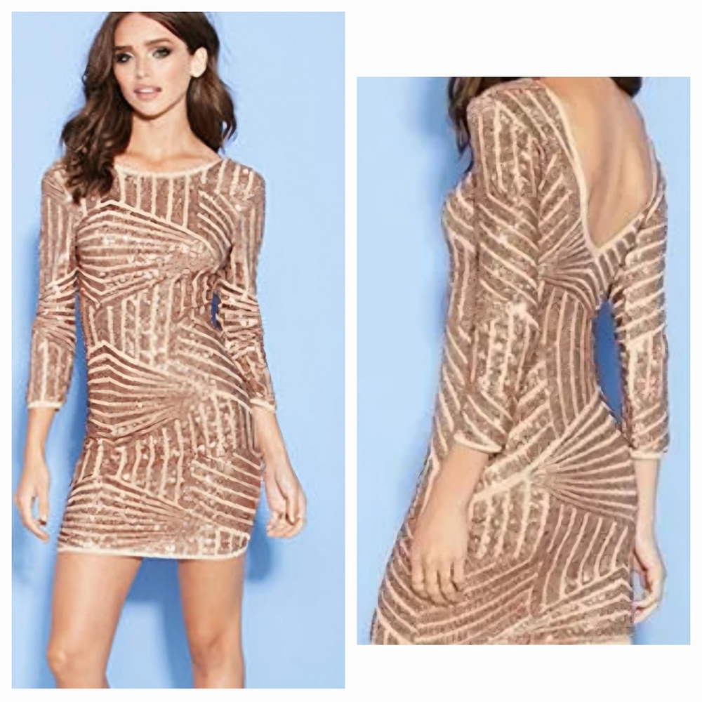 Forever 21 Rose Gold Sequin 3/4 Sleeve Cocktail Party NYE Dress Large EUC